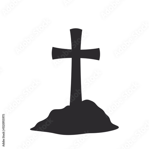 Simple black cross silhouette on small hill. Grave cross symbol represents remembrance and loss.  This image is suitable for funeral programs, memorial cards, and pet loss sympathy items.