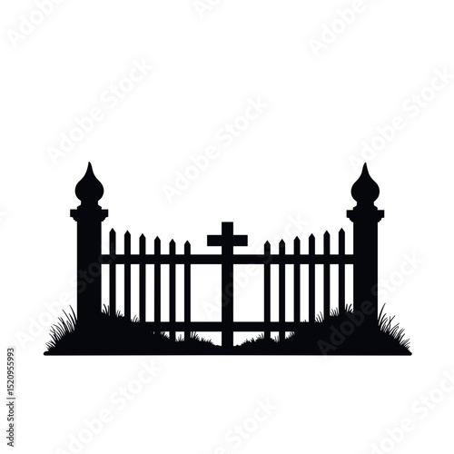 Cemetery gate silhouette with cross. Simple black silhouette of classic cemetery gate with wooden fence and ornate pillars.  Elegant design suitable for memorial cards