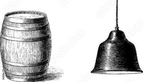 Vintage engraved illustration of barrel stool and industrial style pendant light