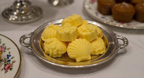 Elegant Butter Presentation: Yellow Butter Shapes on Silver Tray, a Charming Addition to Fine Dining, Holiday Celebrations, or Baking Projects, Exuding Sophistication and Culinary Artistry.