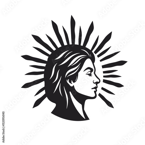 Serene woman profile with sunburst. Elegant female portrait in black and white style. Peaceful image perfect for memorial cards or funeral accessories.