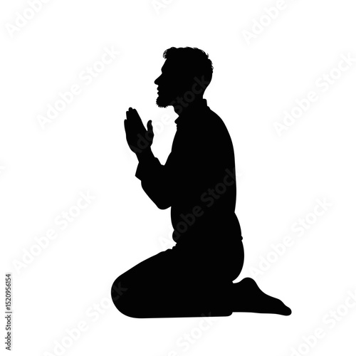 Man kneeling in prayer, hands clasped together, head bowed in silent devotion. Silhouette of person showing grief and sorrow, expressing feelings of loss and sadness.