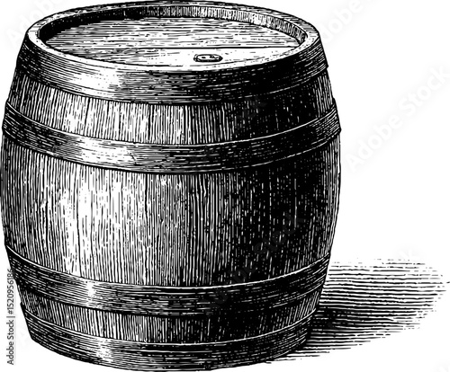Engraved illustration of vintage barrel stool featuring raw steel accents