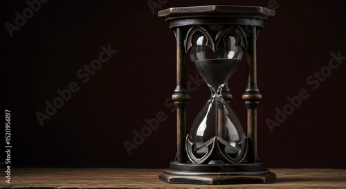Elegant Hourglass with Black Sand on Rustic Wooden Surface: A Symbol of Time Passing, Deadlines, Urgency, and the Fleeting Nature of Life, Perfect for Conceptual Imagery