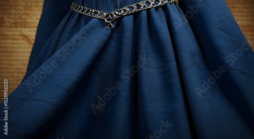 Elegant Navy Blue Dress with Silver Chain Belt: Fashionable Textile Design, Luxury Clothing Detail, Stylish Outfit Concept, Modern Apparel, Couture Fabric, Close-Up View, Trendsetting Style