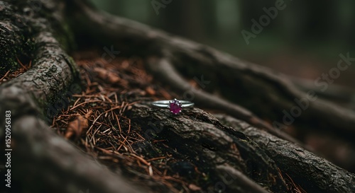 Enchanting Engagement: Close-Up of a Ruby Ring Nestled on Rustic Tree Roots in a Mystical Forest Setting, Symbolizing Love, Commitment, and Nature's Beauty - Perfect for Romantic Concepts