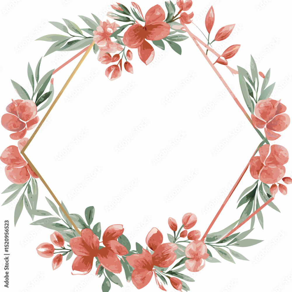 Fototapeta premium Elegant Watercolor Floral Frame Geometric Design with Coral Flowers and Greenery