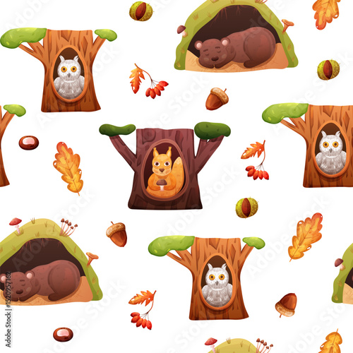 Seamless pattern of forest animals in den. Autumn kids illustration