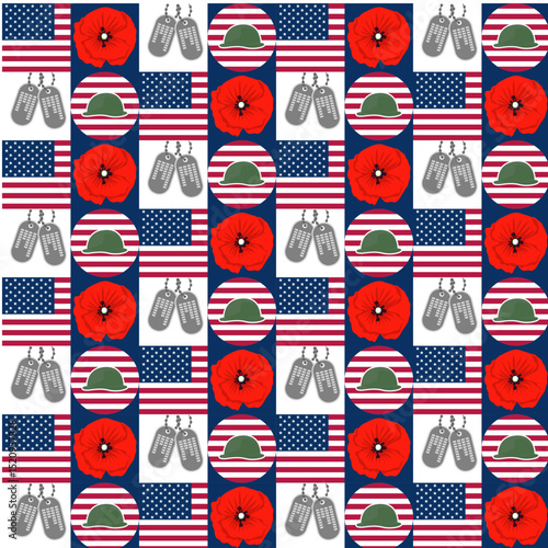 Memorial day Pattern Flag, dog tag, Poppy flower, helm