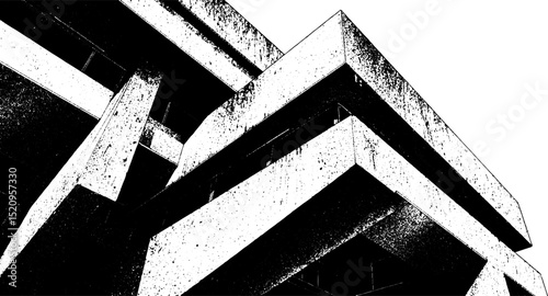 Engraved brutalist architecture illustration featuring geometric corridor design