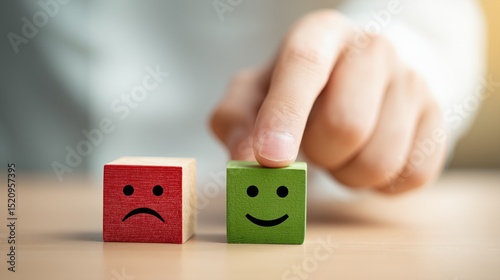 A hand pointing to a green happy face icon. Satisfied consumer. Emotional scale. Customer experience. Quality of service. Positive. Review. Feedback from a patron