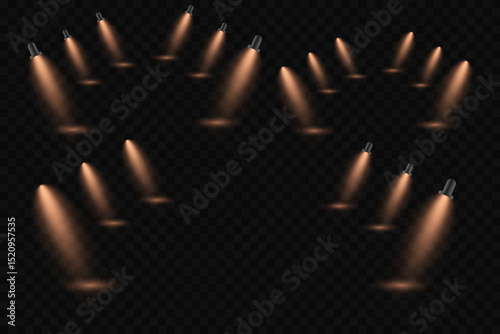 A set of realistic stage spotlights with glowing beams, for a concert or theatre stage.
