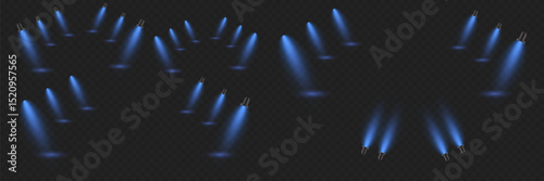 A set of realistic stage spotlights with glowing beams, for a concert or theatre stage.