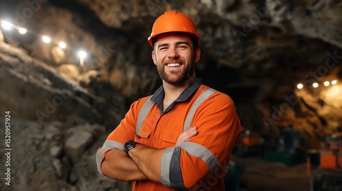Half-body image of a worker standing with arms crossed and smiling, with the background showing a mining cave.