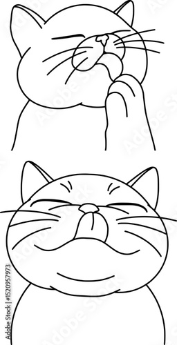 Cat set vector outline illustrations. The top cat is closing its eyes and licking its paw, showing a classic grooming pose. The bottom cat has its eyes shut and tongue out