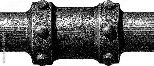 Detailed engraved illustration of cast iron pipe and rivets for vintage industrial design