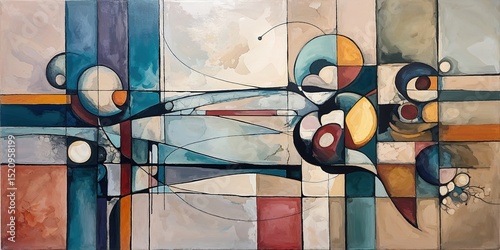 Structured Abstract Painting: Organic Shapes, Circles, and Geometric Blocks Intersecting in Muted Blues, Teals, Oranges, and Browns
