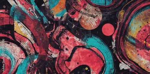 Abstract Expressionist Painting with Bold Colorful Brushstrokes, Swirls, Circles, and Grungy Texture on Dark Background