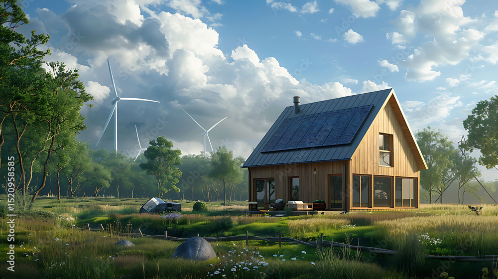 Obraz premium Sustainable wooden house with solar panels and wind turbines in a lush green landscape under a dramatic sky, representing eco-friendly living and renewable energy.
