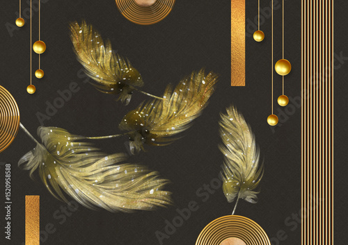 Fototapeta Naklejka Na Ścianę i Meble -  3d modern mural wallpaper. art golden lines waves, circles, and feathers in the dark background for wall home decor