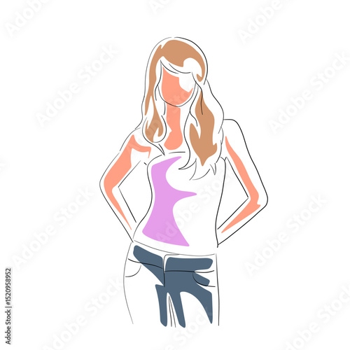 Young skinny woman standing in summer clothing, blonde hair, slim figure. Isolated vector illustration