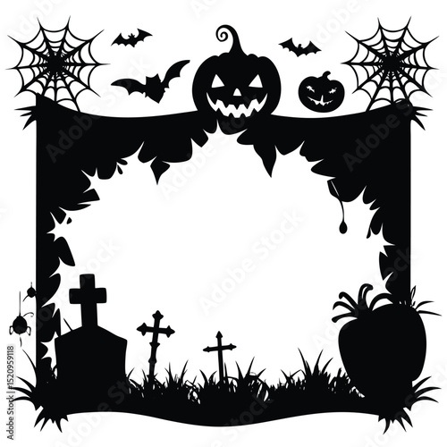 Spooky halloween frame featuring pumpkins bats spiders webs and cemetery silhouettes