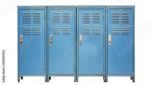 Row of four aged metal lockers in light blue on a transparent background, PNG image, PNG file.