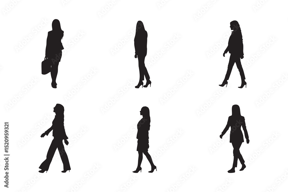Fototapeta premium business people girls silhouette set young businesswoman walking and group of professionals standing and walking, isolated vector illustrations on white background