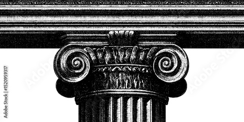 Engraved illustration of classical facade with corinthian column flute