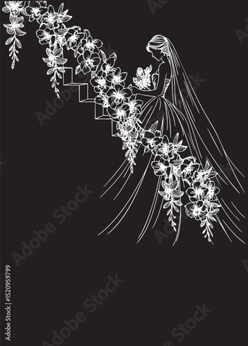 Graceful bride in flowing gown and veil stands on staircase adorned with cascading flowers, creating elegant and romantic scene
