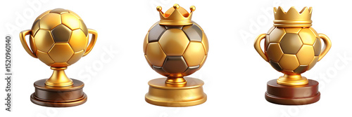 Golden soccer ball trophies isolated on transparent background