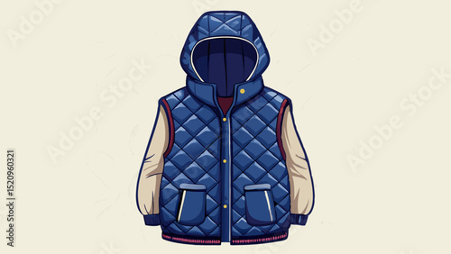 Navy quilted vest with fleece lining and a hood, presented on a seamless white base. Ideal for layering in autumn or winter-themed children's vector fashion.

