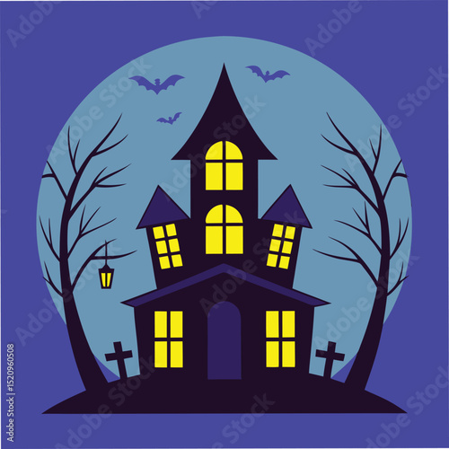 Spooky halloween haunted house silhouetted with bats and a full moon in a dark night scene