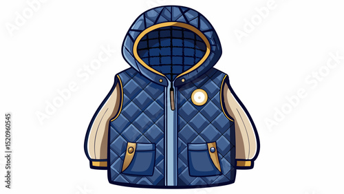 Navy quilted vest with fleece lining and a hood, presented on a seamless white base. Ideal for layering in autumn or winter-themed children's vector fashion.

