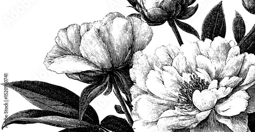 Elegant engraved illustration of ornate contemporary bouquet design