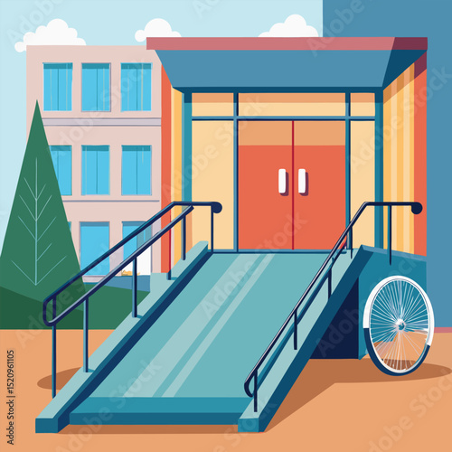 Accessibility Ramp Leading to Building Entrance with Wheelchair Wheel Against Wall Illustration