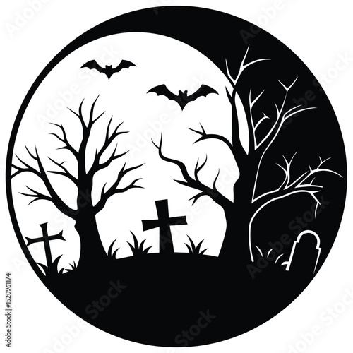 Spooky halloween silhouette scene featuring bats trees and tombstones within a circle
