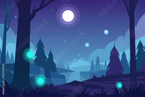 Vector illustration of a tranquil forest night landscape with moon and stars