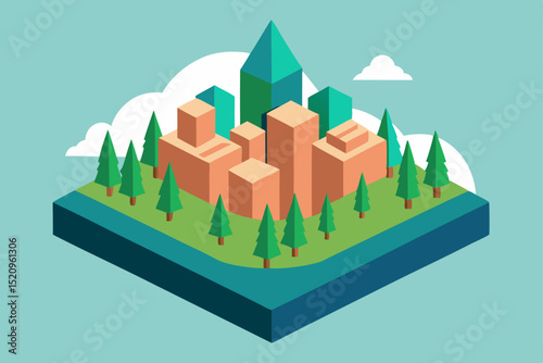 Green city landscape vector illustration with houses, trees, and sky