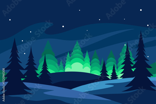 Christmas night winter forest landscape with snow and festive star decoration