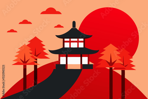 A spooky vector silhouette of a Japanese castle and temple in a moonlit garden with a glowing lantern