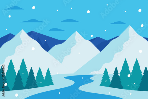 Winter holiday landscape illustration with snow, pine trees, and distant mountains