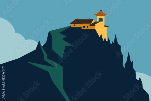 A dark, haunted castle silhouette under a moonlit night sky, a perfect vector illustration for Halloween landscape design
