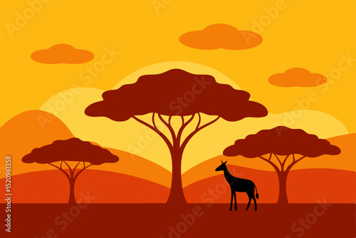 Wildlife safari at sunset, a striking silhouette of a giraffe under an orange sky