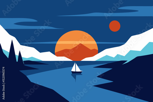 Mountain vector illustration of a summer sea landscape with snow-capped peaks and sunset clouds