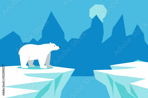 Polar bear on ice in a winter ocean landscape with blue sky and snow-capped mountains