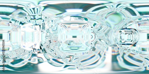 Fototapeta Naklejka Na Ścianę i Meble -  HDRI. Bright 3D render of transparent crystal-like structures in cool aqua and mint tones. Light reflections and geometric shapes form a clean, futuristic environment with a soft, ethereal atmosphere.