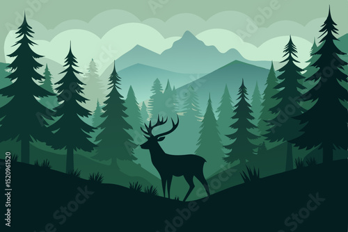 Winter forest landscape with a festive deer amidst snow-covered pine trees, a holiday nature illustration