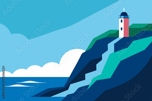 White lighthouse tower stands tall on a rocky coast, its beacon casting light across the vast sea and sky