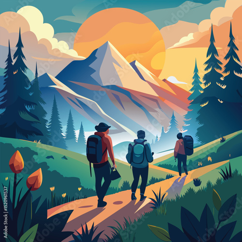 Backpacker Hiking Trail Scenic Mountain Landscape Vector Illustration, Pine Trees, Sunset Adventure